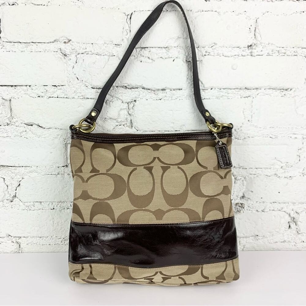 Coach Y2K Brown Signature Canvas Patent Shoulder Hobo Bag 12825